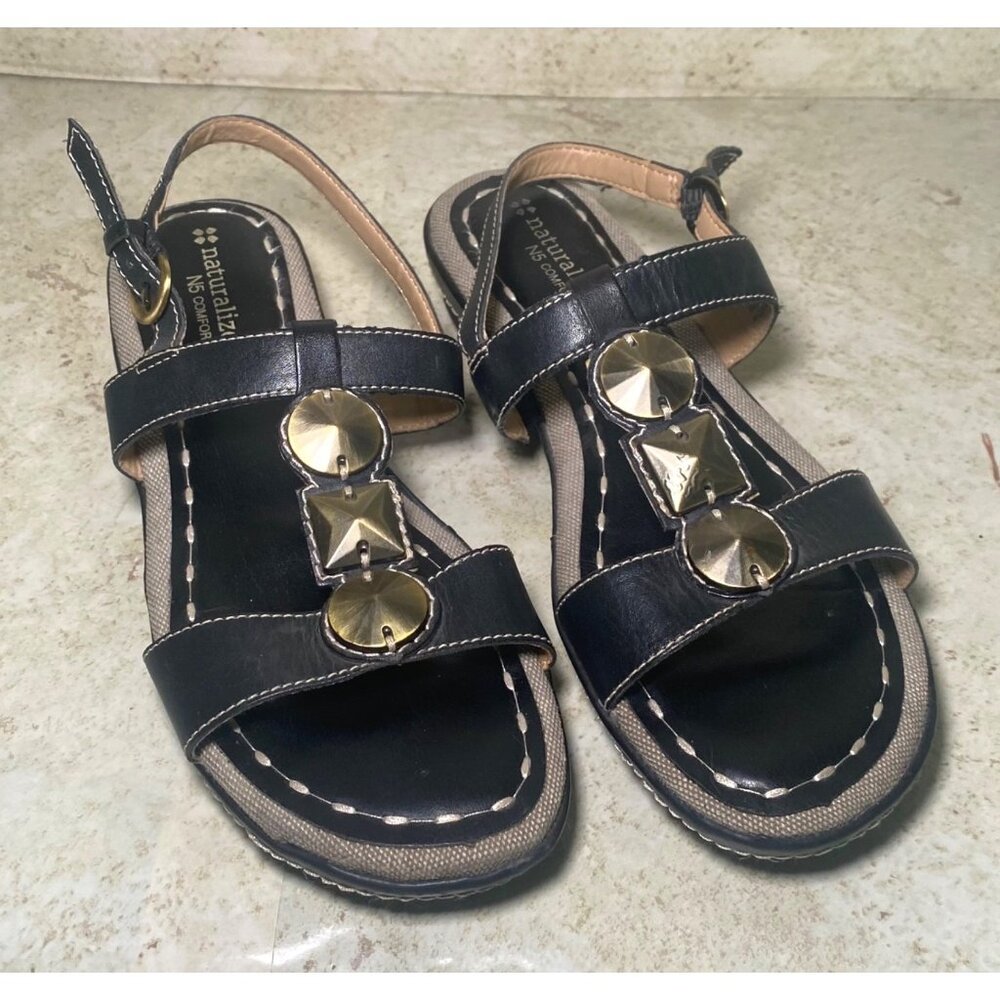 Naturalizer Womens Black Leather Sandals  Metallic Accents Adjustable Strap 8N‎